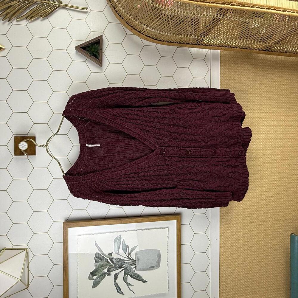 Free People 100% Cotton Burgundy Cable Knit Cardigan Sweater - Size - Large